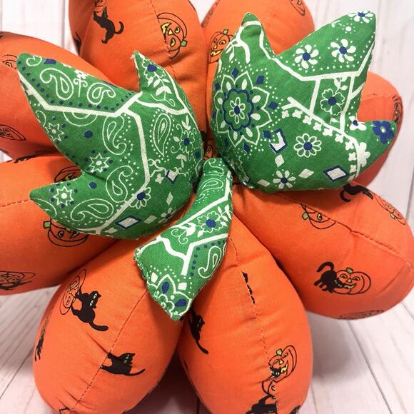Vintage Cottagecore Handmade Halloween Fabric Large Pumpkin Plush Farmhouse - Picture 4 of 8